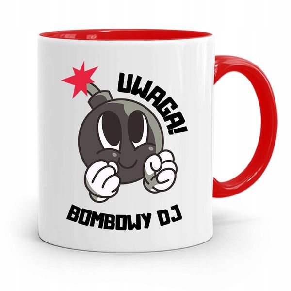 Dla Dja Muzyka Kubek Czerwony Uwaga Bombowy Dj Z Nadrukiem Ze Zdjęciem zdjęcie 1