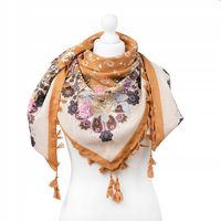 Chustka apaszka z frędzlami folk kwiaty brązowy wiskoza 46