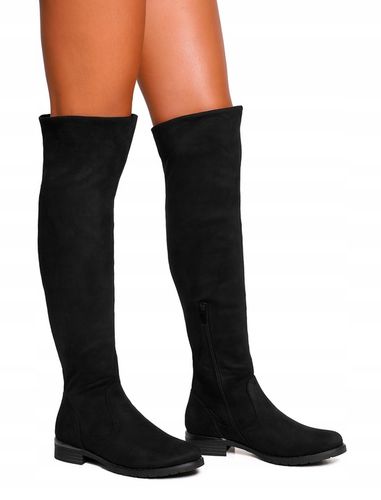 9078 CZARNE KOZAKI ZA KOLANO ZAMSZOWE WYSOKIE KLASYCZNE PŁASKI OBCAS na Arena.pl