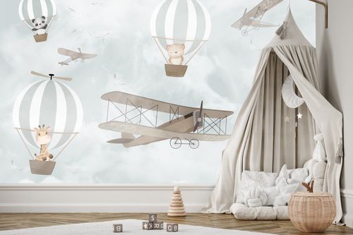 Fototapeta Dla Dzieci ZWIERZĘTA Balony Samolot Vintage 135cm x 90cm na Arena.pl