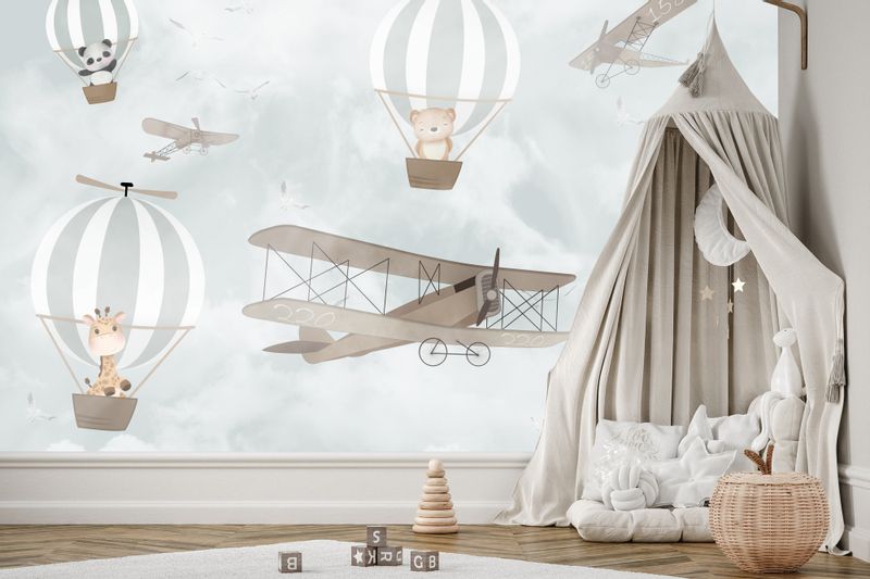 Fototapeta Dla Dzieci ZWIERZĘTA Balony Samolot Vintage 135cm x 90cm zdjęcie 7