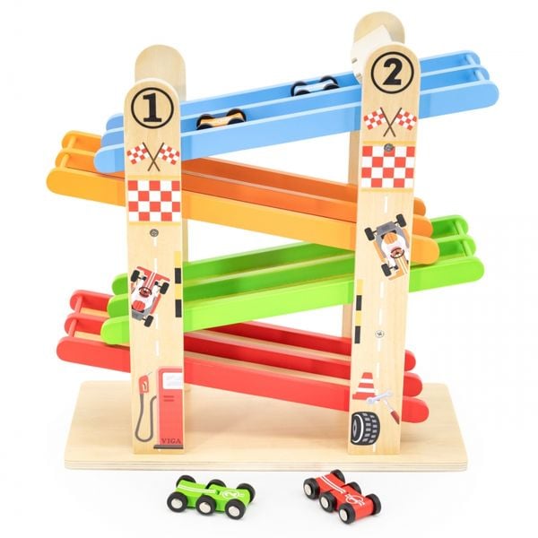 VIGA Drewniana Podwójna Zjeżdżalnia Dla Samochodzików Tor Wyścigowy zdjęcie 3