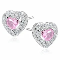 RODOWANE SREBRNE KOLCZYKI SERCA SERDUSZKA RÓŻOWE I BIAŁE CYRKONIE SREBRO