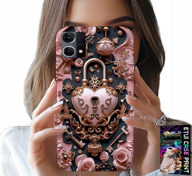 ETUI DO OPPO RENO7 4G - KOBIECE, MODNE WZORY, KŁÓDKA SERCE RÓŻA zdjęcie 1