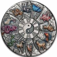 Tuvalu: 12 Lunar Animals kolorowany 5 uncji Srebra 2023 Antiqued Coin