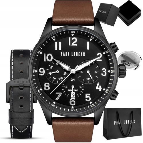 Skórzany zegarek męski Paul Lorens BAYAS z datownikiem -czas dobowy +GRAWER na Arena.pl
