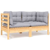 2-osobowa sofa ogrodowa z szarymi poduszkami, drewno sosnowe