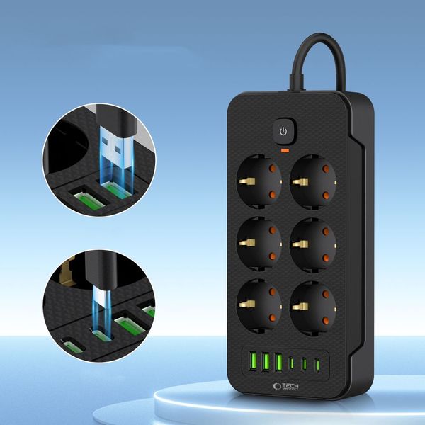 tech-protect pc6x6 power strip 3 usb & 3 type-c & 6 socket 200cm black zdjęcie 3