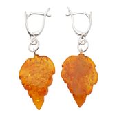 Kolczyki - koniakowy Bursztyn rzeźbione liście i srebro 1