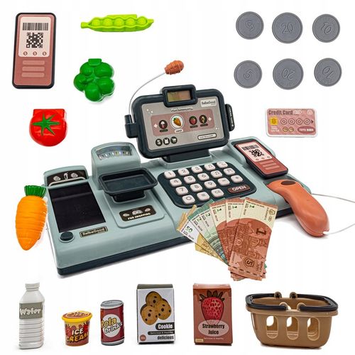 Edukacyjna Sklepowa Kasa Fiskalna Mikrofon Waga Koszyk Czytnik Kodów Monety na Arena.pl