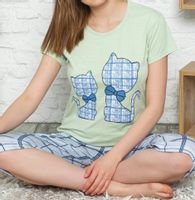 Damska piżama krótka bawełniana z krótkim rękawem na lato XL w kotki koty