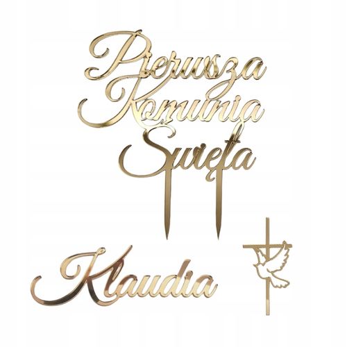 Topper na komunie złoty ZESTAW dekoracji na tort komunijny IMIĘ krzyż napis na Arena.pl