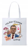 Mateusz Morawiecki Pis Torba Eco Biała Shopper Z Nadrukiem Ze Zdjęciem