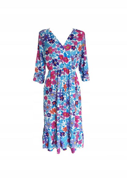 Midi Biała Sukienka W Kolorowe Kwiaty Gumka W Pasie S 36 zdjęcie 1