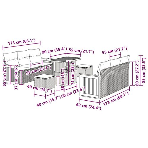 Zestaw Sof na Ogród z poduszką 9 pcs Szary 90 x 55 x 71 cm na Arena.pl