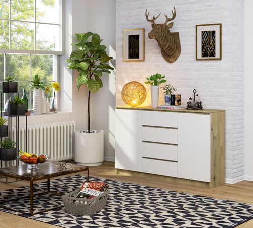 Komoda K 160 cm 2 drzwi 4 szuflady - dąb artisan-biała na Arena.pl