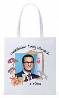 Mateusz Morawiecki Pis Torba Eco Biała Shopper Z Nadrukiem Ze Zdjęciem