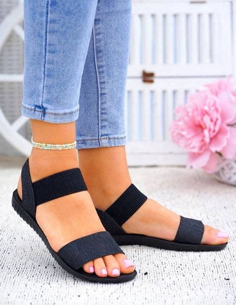 Czarne Sandały Na Gumki Płaski Spód 38 zdjęcie 2