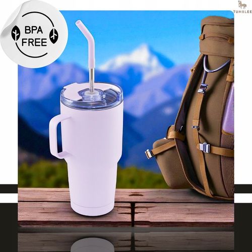 MOCNY Kubek Termiczny ze Stalową Słomką i Uchwytem na Kawę Herbatę 900ml na Arena.pl