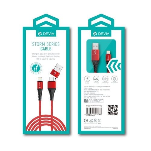Kabel Devia Storm 2w1 USB A/typ-C do 8pin czerwony 2,4A 1m na Arena.pl