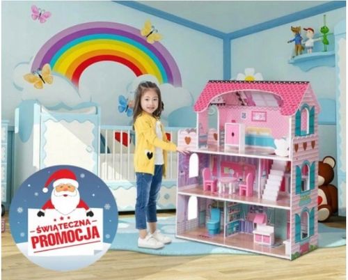 DUŻY DREWNIANY DOMEK DLA LALEK XXL ŚWIATŁA LED zestaw MEBLE OŚWIETLENIE MDF na Arena.pl