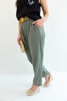 Oliwkowe Lniane Luźne Spodnie z Paskiem UNI