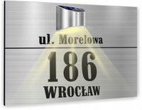 duża TABLICZKA ADRESOWA dibond srebrna numer domu 40x30 lampka solarna