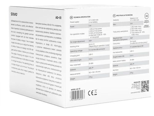 Wentylator biurkowy SAVIO z akumulatorem USB-C, czarny, na Arena.pl