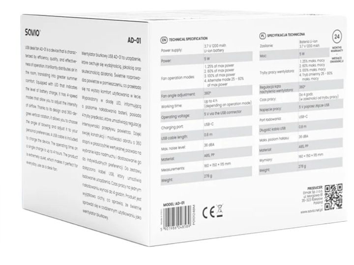 Wentylator biurkowy SAVIO z akumulatorem USB-C, czarny, zdjęcie 6