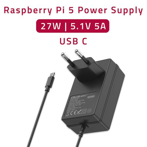 Qoltec Ładowarka Super FAST PD do Raspberry PI 5 USB-C 27W 5.1V 5A Czarna na Arena.pl