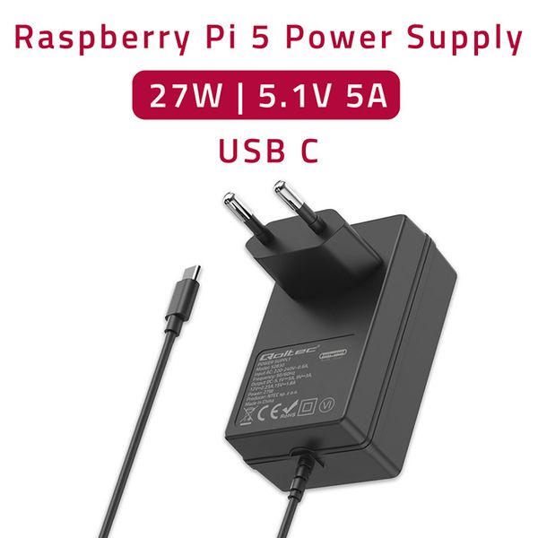 Qoltec Ładowarka Super FAST PD do Raspberry PI 5 USB-C 27W 5.1V 5A Czarna zdjęcie 2
