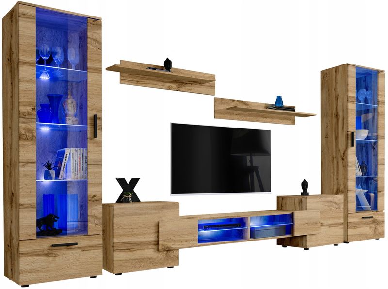 Pan Igiełka Meblościanka Blue LED  Czarny Biały Dąb Wotan 5 Elementów Salon zdjęcie 16