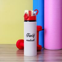 Biały sportowy bidon 750 ml z Twoim nadrukiem z czerwoną nakrętką