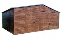 GARAŻ BLASZANY 6m x 5m poziom - dwuspad Brama + drzwi - ciemny orzech BOX125 6x5