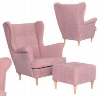 Fotel uszak z podnóżkiem skandynawski welur pudrowy Hunter  różowy