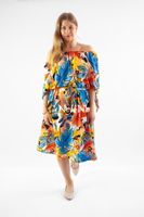 Mocno wzorzysta sukienka w liście i kwiatki hiszpanka STYLE Niebieska UNI