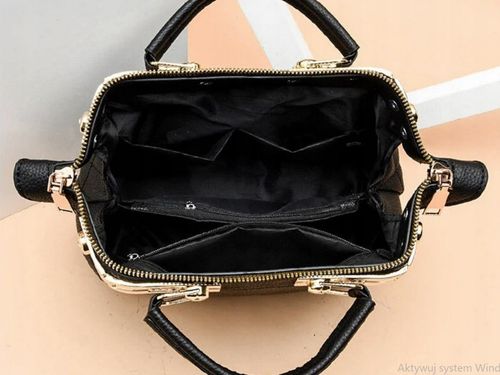 CZARNA TOREBKA Ramię Klasyczna PIKOWANA MIŚ Złote Dodatki Kuferek na Arena.pl