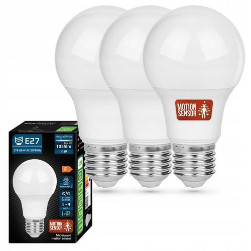 3x Żarówka LED E27 11W CZUJNIK RUCHU biały neutralny 4000K 1055lm kula na Arena.pl
