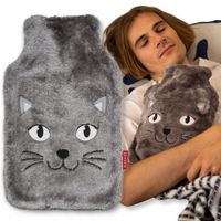 SOXO termofor pluszowy szary kot 1,8L duży na wodę prezent dla dziewczyny