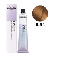 Loreal Dia Light farba do włosów farbowanych i uwrażliwionych, koloryzacja kwasowa ton w ton, bez amoniaku, 50ml 8.34 jasny blond złocisto-miedziany