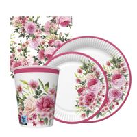 Zestaw komplet zastawy Różowe Kwiaty - kubeczki, talerzyki, serwetki