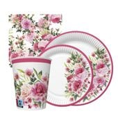 Zestaw komplet zastawy Różowe Kwiaty - kubeczki, talerzyki, serwetki