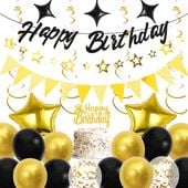 Zestaw Balonów Urodzinowych Happy Birthday Czarno Złoty Dekoracje Girlanda
