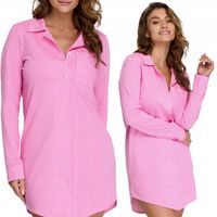 Koszula nocna rozpinana damska bawełniana różowa paski z długim rękawem M