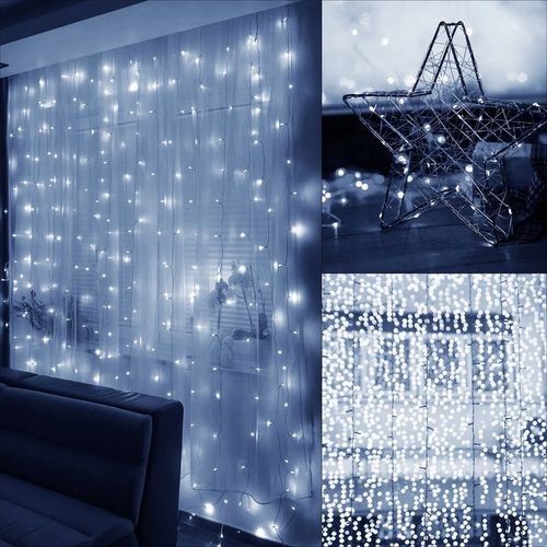 KURTYNA ŚWIETLNA NA BATERIE 300 LED LAMPKI 3x3M 8 FUNKCJI ZIMNE ŚWIATŁO na Arena.pl