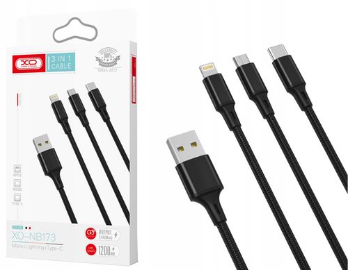XO Kabel 3w1 USB Lightning + USB-C + microUSB, Przewód 3w1 USB Lightning na Arena.pl