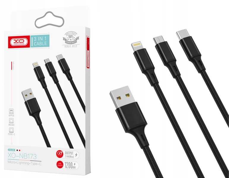 XO Kabel 3w1 USB Lightning + USB-C + microUSB, Przewód 3w1 USB Lightning zdjęcie 4