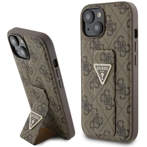 Etui Guess Grip Stand 4G Triangle Strass na iPhone 15 - brązowe na Arena.pl