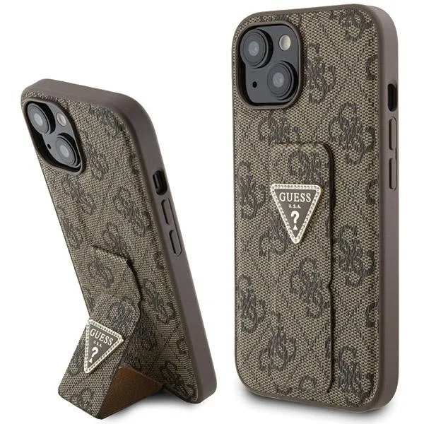 Etui Guess Grip Stand 4G Triangle Strass na iPhone 15 - brązowe zdjęcie 1