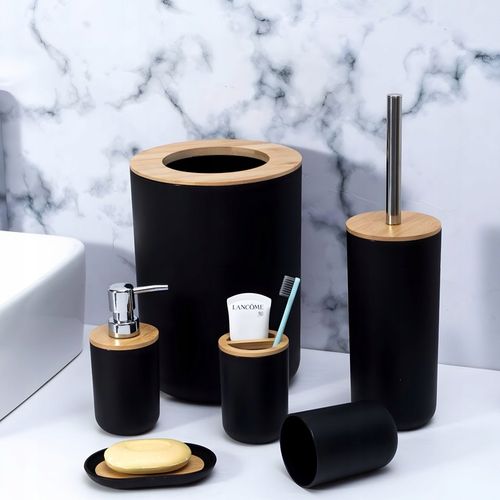 ZESTAW ŁAZIENKOWY 6 ELEMENTÓW AKCESORIA DO WC KOSZ DOZOWNIK CZARNY KOMPLET na Arena.pl